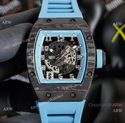 Replica Richard Mille RM010 AG RG Carbon Watches Sky Blue Rubber Strap